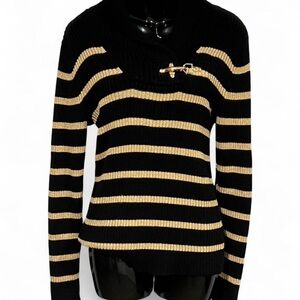 Ralph Lauren Black & Gold Striped Knit Sweater w/ Toggle Detail